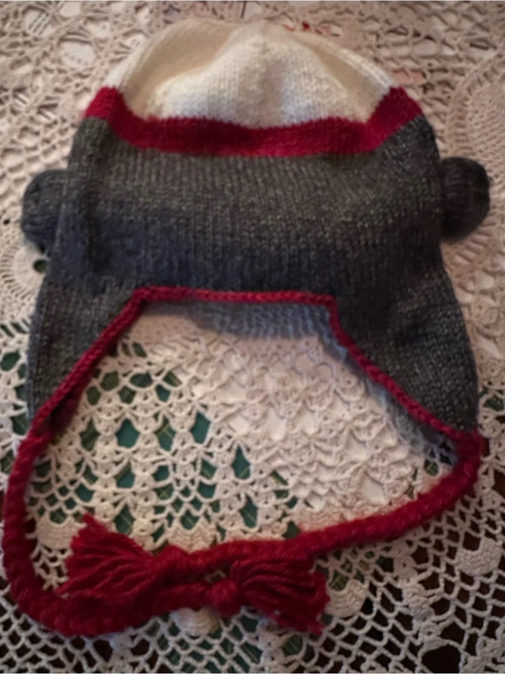 Women’s Grey and Red Sock Monkey Earflap Hat